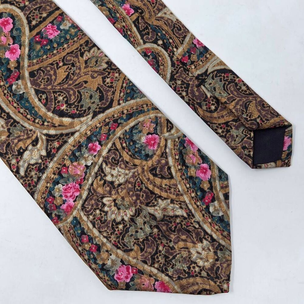 DINO ORSINI CALIFORNIA POLY TIE GOLD PINK FLORAL SATIN VINTAGE 3.75" X 57"